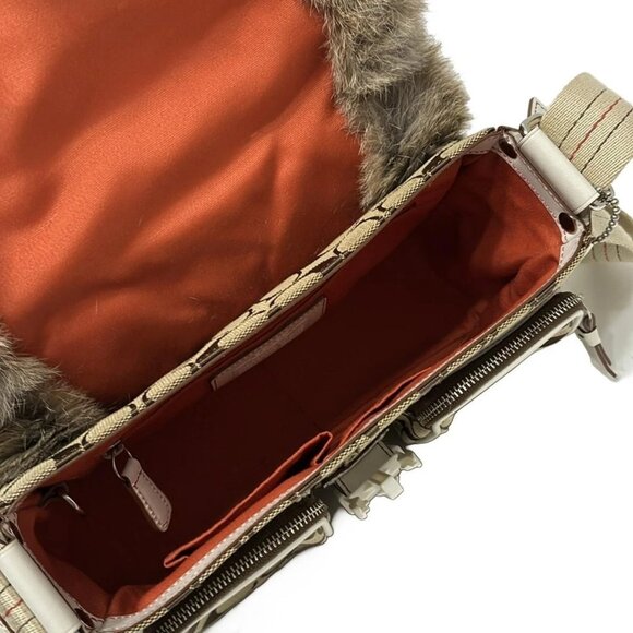 Auth COACH Signature Rabbit Fur Sukey Small Pocket Shoulder 3589 Khaki White - Picture 7 of 9